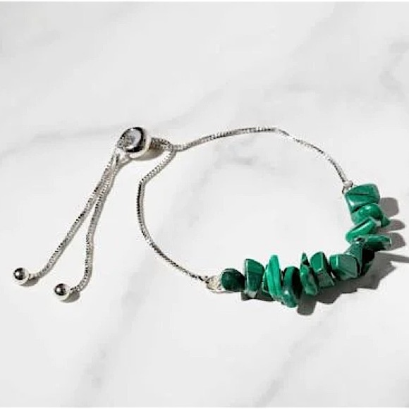 Green Irregular Natural Stone Malachite Silver Adjustable Slider Bracelet - Picture 2 of 7
